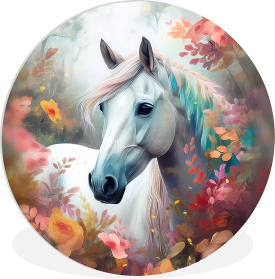 WallCircle - Wandcirkel paard - Bloemen - Dieren - Natuur - Wanddecoratie woonkamer - Muurcirkel binnen - Wandbord rond - Ronde schilderijen - 90x90 cm - Ronde muurdecoratie - Cirkel schilderij - Schilderij rond