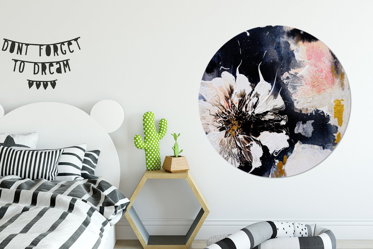 WallCircle Behangcirkel 140x140 cm - Muurstickers Bloemen - Kunst - Abstract - Zwart - Verf - Muurcirkel woonkamer - Wandcirkel slaapkamer - Kamer decoratie zelfklevend - Muurdecoratie accessoires Bloem - Wit