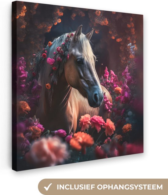 Canvas Schilderij Paard - Bloemen - Paars - Oranje - Dieren - 90x90 cm - Wanddecoratie