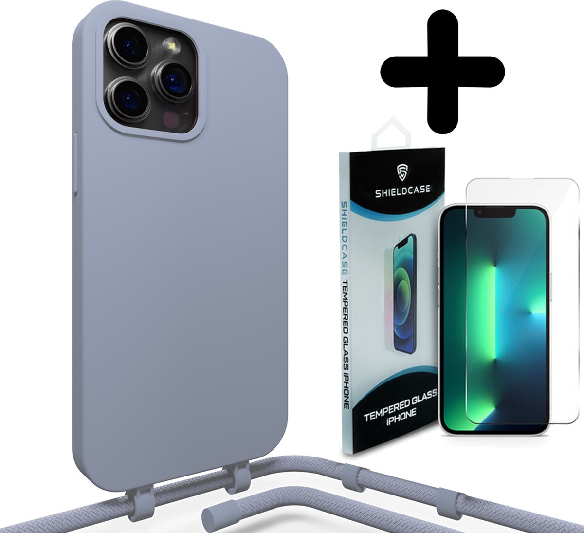 Coverzs Silicone case met koord geschikt voor iPhone 14 Pro (blauw) + ShieldCase screenprotector - beschermglas iPhone bescherming - iPhone case bescherm hoesje + Screenprotector