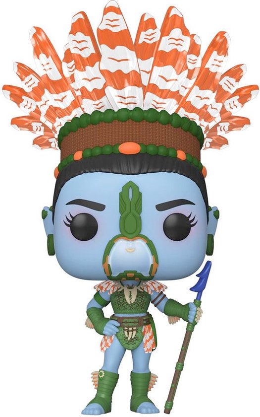 Funko POP! figuur van Ramora uit Black Panther, met blauwe huid, groen en oranje outfit en een grote oranje en witte veren hoofdtooi.