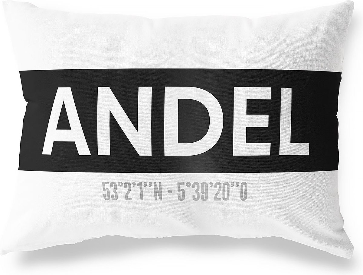 Tuinkussen ANDEL - GRONINGEN met coördinaten - Buitenkussen - Bootkussen - Weerbestendig - Jouw Plaats - Studio216 - Modern - Zwart-Wit - 50x30cm