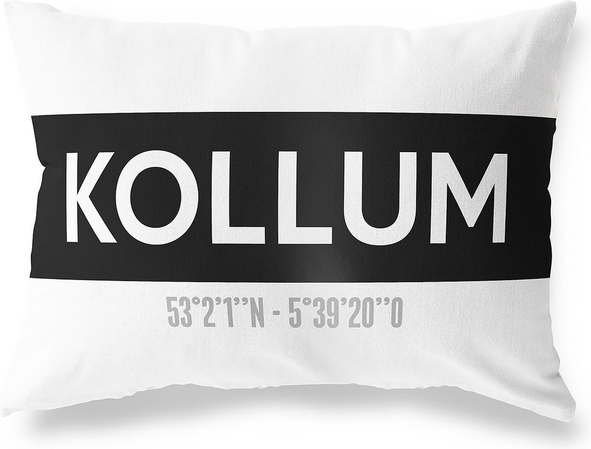 Tuinkussen KOLLUM - FRIESLAND met coördinaten - Buitenkussen - Bootkussen - Weerbestendig - Jouw Plaats - Studio216 - Modern - Zwart-Wit - 50x30cm
