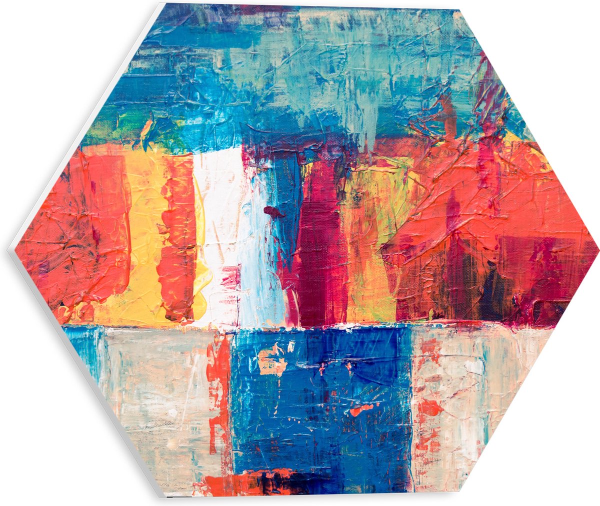 PVC Schuimplaat Hexagon - Abstracte Vakken van Verschillende Kleuren Verf - 30x26.1 cm Foto op Hexagon (Met Ophangsysteem)