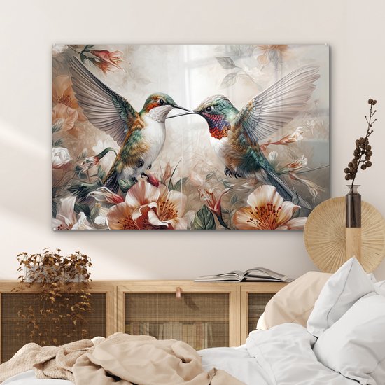 MuchoWow® Peinture sur verre 90x60 cm - Peinture sur verre - Colibri - Vogels - Fleurs - Nature - Photo sur verre acrylique - Peintures