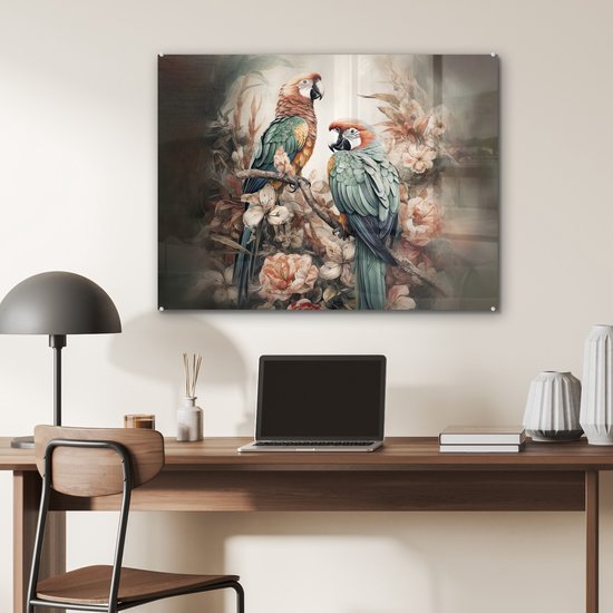 MuchoWow® Peinture sur verre 80x60 cm - Peinture sur verre acrylique - Perroquets - Vogels - Nature - Fleurs - Photo sur verre - Décoration murale salon - Décoration murale chambre - Peintures