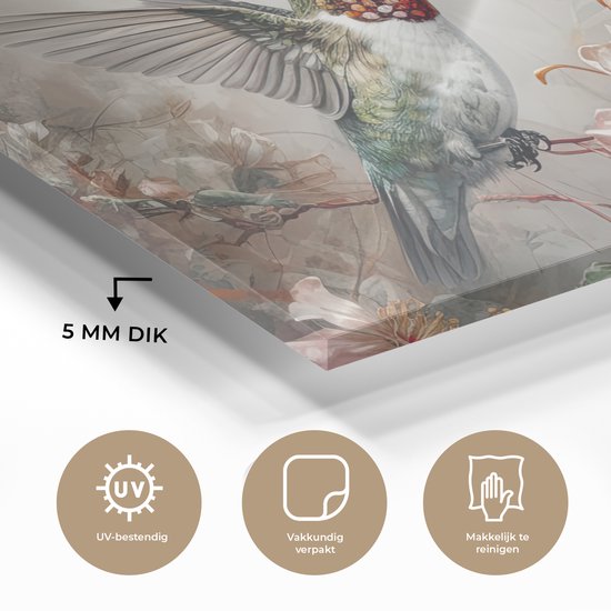 MuchoWow® Glasschilderij 120x80 cm - Schilderij acrylglas - Kolibrie - Vogels - Bloemen - Planten - Foto op glas - Muurdecoratie woonkamer - Wanddecoratie slaapkamer - Schilderijen