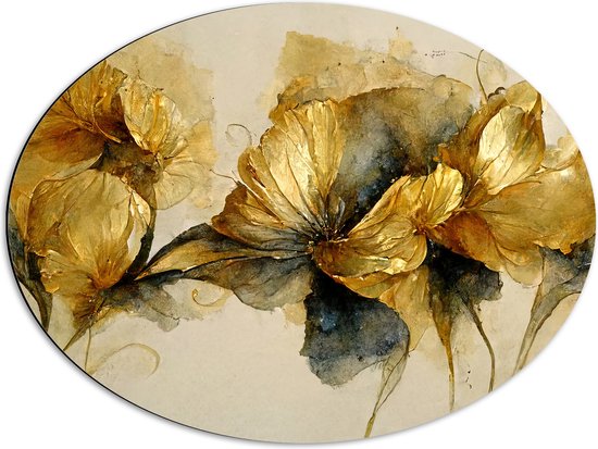 Dibond Ovaal - Elegante Bloemen met Gouden Details - 68x51 cm Foto op Ovaal (Met Ophangsysteem)
