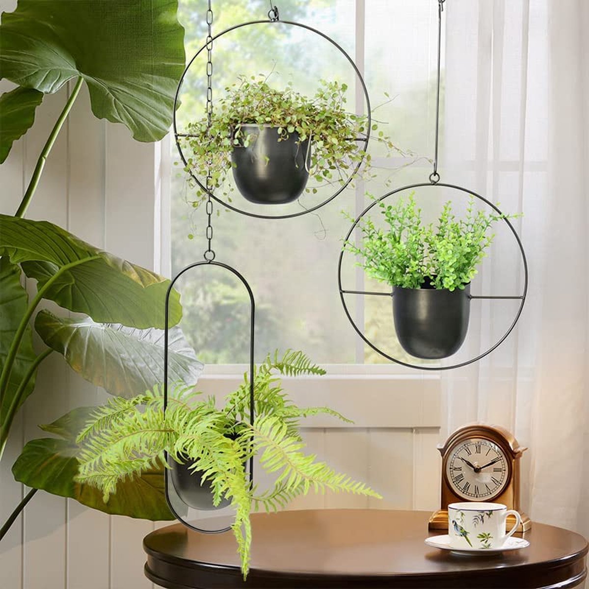 Panier Suspendu Pour Plantes En Métal 30x30 Cm – Avec Base En Bois Et Crochet – Décoration Intérieure Mur/plafond – Noir