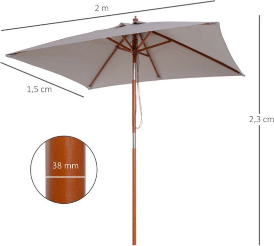 Parasol Voor Het Balkon, 300 X 200 Cm, Rechthoekige Balkonscherm Zonwering Parasolspijlen Van Hout Knikbaar Zonder Standaard Tuin Outdoor Grijs