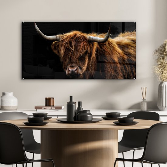 Peinture sur verre Highlander écossais - Cornes - Zwart - Animaux - Vache - Salon - 80x40 cm - Photo sur verre - Décoration murale verre - Décoration chambre - Plaque de verre - Décoration murale
