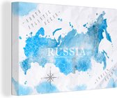 Canvas Wereldkaart - 90x60 - Wanddecoratie Wereldkaarten - Rusland - Blauw