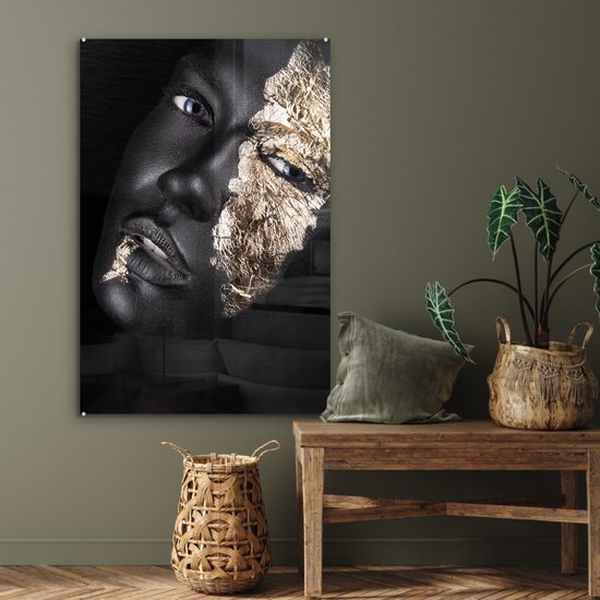 MuchoWow® Peinture sur verre 80x120 cm - Peinture sur verre acrylique - Femme - Or - Zwart - Peinture - Luxe - Photo sur verre - Peintures