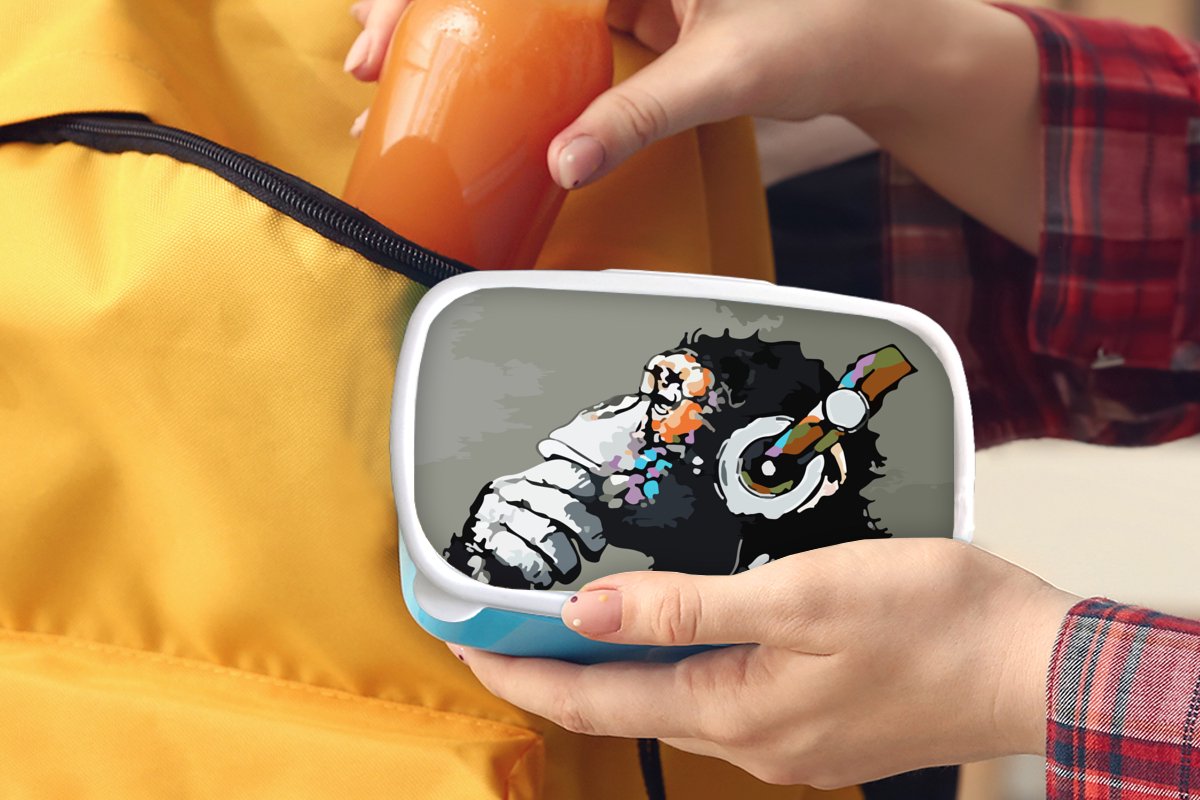 Broodtrommel Blauw - Lunchbox - Brooddoos - Schilderij - Olieverf - Aap - Koptelefoon - 18x12x6 cm - Kinderen - Jongen
