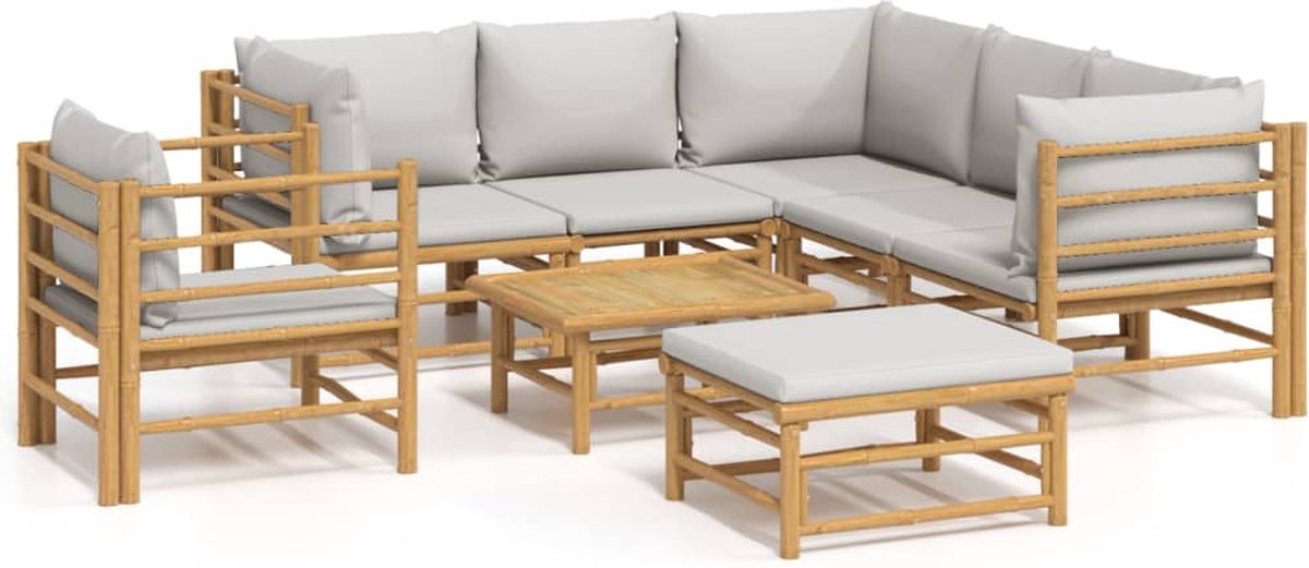 vidaXL 8-delige - Loungeset - met - kussens - bamboe - lichtgrijs