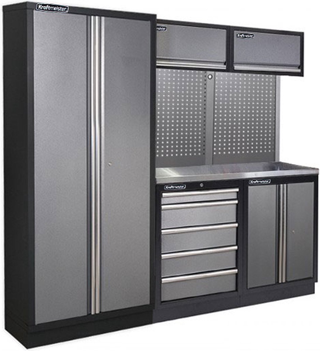 Kraftmeister werkplaatsinrichting - Werkbank met 2 wandkasten, 1 werkplaatskast, 1 opbergkast en RVS werkblad - Werktafel met 5 laden en gereedschapswand - Complete set voor werkplaats of garage - Grijs