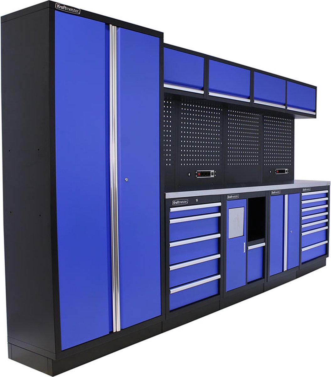 Kraftmeister werkplaatsinrichting - Werkbank met 4 wandkasten, 1 werkplaatskast en RVS werkblad - Werktafel met 12 laden, 1 opbergkast, 1 prullenbak en gereedschapswand - Complete set voor werkplaats of garage - Blauw
