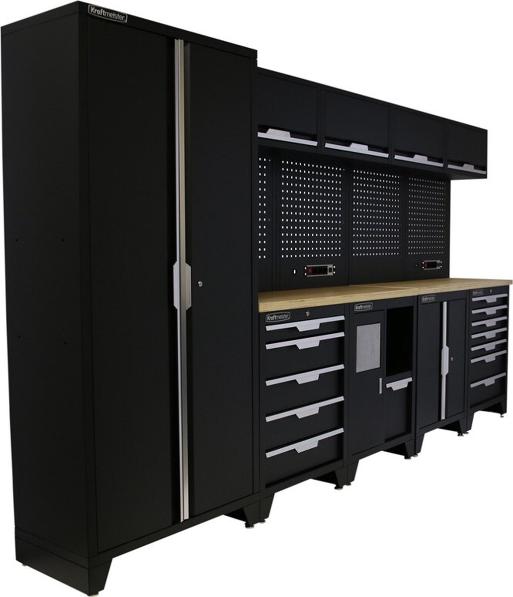 Kraftmeister werkplaatsinrichting - Werkbank met 4 wandkasten, 1 werkplaatskast en multiplex werkblad - Werktafel met 12 laden, 1 opbergkast, 1 prullenbak en gereedschapswand - Complete set voor werkplaats of garage - Zwart