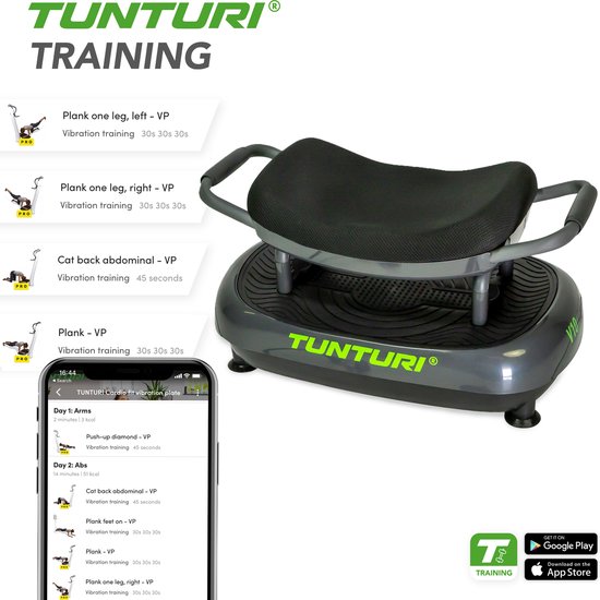 Tunturi V10 trilplaat met zitting en smartphone met Tunturi training app.