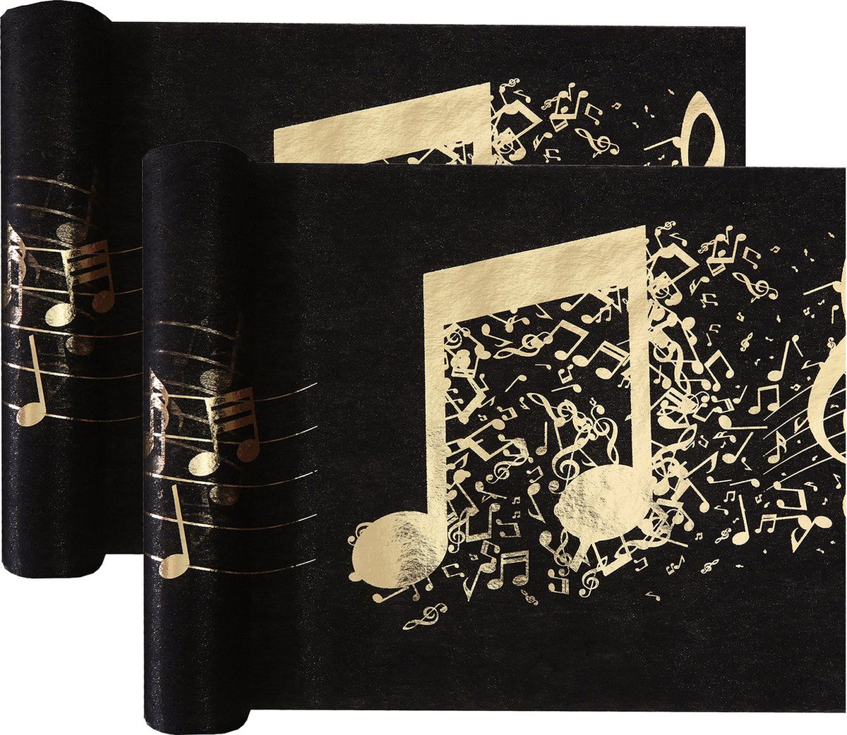 Santex muziek thema tafelloper op rol - 10 m x 30 cm - zwart/goud - non woven polyester