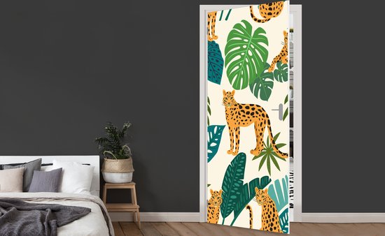 Sticker de porte Jungle - Léopard - Plantes - Motif - Meiden - Garçons - 90x205 cm - Poster de porte