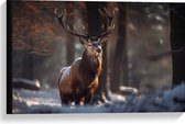 Canvas - Besneeuwt hert in een bos in de winter - 60x40 cm Foto op Canvas Schilderij (Wanddecoratie op Canvas)
