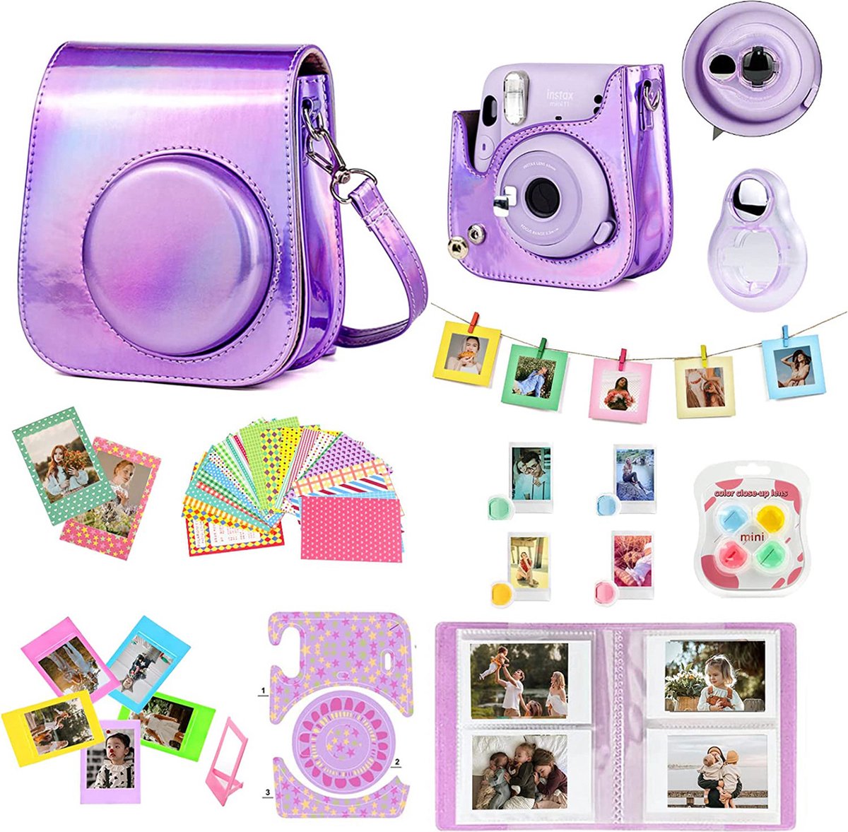 YONO Accessoires Set geschikt voor Fujifilm Instax Mini 11 - Case - Camera Tas - hoesje - Filters - Fotoboek - Fotoalbum - Stickers en meer - Paars