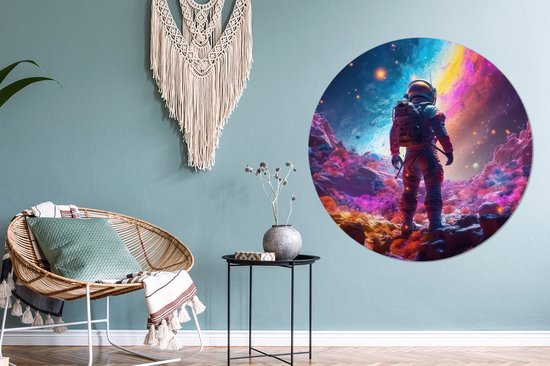 Espace cercle mural - Astronaute - Néon - Abstrait - Cercle mural intérieur - Décoration murale ronde - Cercle Décoration murale murale - Cercles muraux - Salon - 120x120 cm - Tableaux ronds - Décoration chambre - Chambre