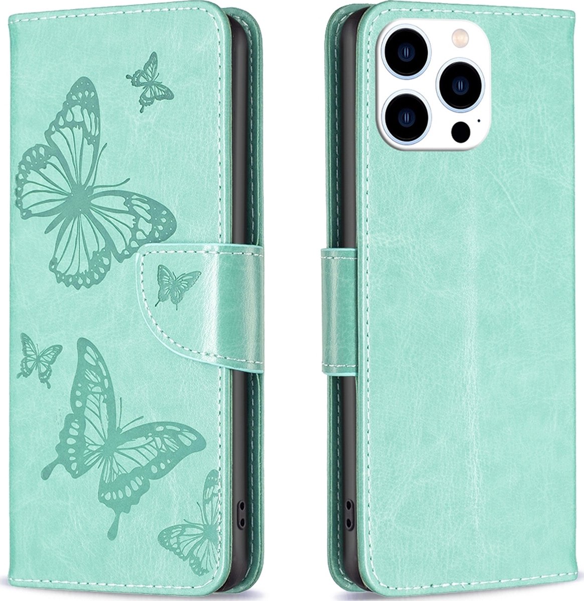 Mobigear Telefoonhoesje geschikt voor Apple iPhone 15 Pro Hoesje | Mobigear Butterfly Bookcase Portemonnee | Pasjeshouder voor 3 Pasjes | Telefoonhoesje voor Pinpas / OV Kaart / Rijbewijs - Groen
