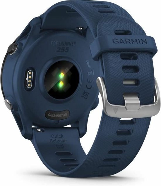 Achterkant van een blauw Garmin Forerunner 255 sporthorloge met hartslagsensor en 'Quick Release' band.