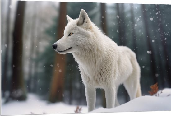 PVC Schuimplaat - Witte Wolf in Besneeuwd Landschap met Kale Bomen - 120x80 cm Foto op PVC Schuimplaat (Met Ophangsysteem)