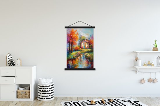 Posterhanger incl. Poster 120x180 cm - Schoolplaat - Landschap - Kleurrijk - Olieverf - Kunst - Textielposter - Zwarte latten