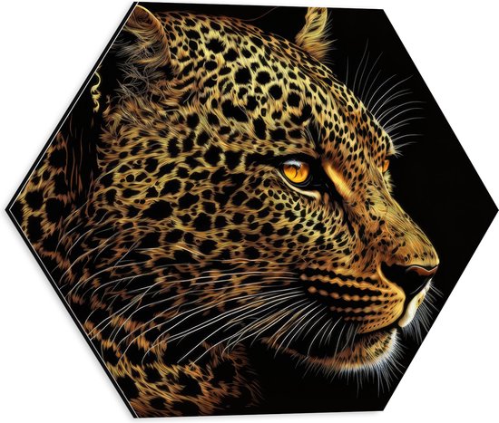 Dibond Hexagon - Schilderij van Opzijkijkende Prachtige Luipaard met Vurige Ogen - 40x34.8 cm Foto op Hexagon (Met Ophangsysteem)
