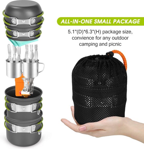 Campingservies, 16 stuks, voor 2 personen, outdoor kookgerei van aluminium en roestvrij staal, opvouwbaar, mini-campingkooktoestel voor outdoor, servies, picknick en wandelen van Camp — afbeelding 4