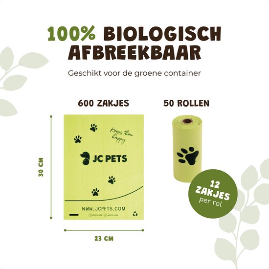 Afbeelding van 600 biologisch afbreekbare poepzakjes, 30x23cm, en 50 rollen met 12 zakjes per rol.