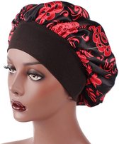 New Age Devi - Dames Satijnen Slaapmuts - Soft Bonnet - Haarverzorging - Zwart Rood - Nachtmuts