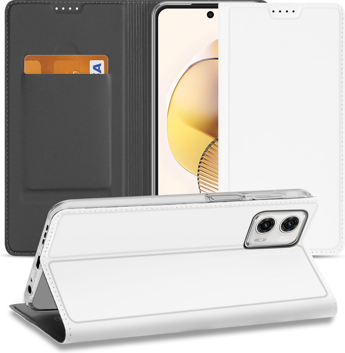Stand Case Hoesje voor de Motorola Moto G73 Wit met Pashouder