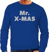 Foute Kersttrui / sweater - Mr. x-mas - zilver / glitter - blauw - heren - kerstkleding / kerst outfit S (48)