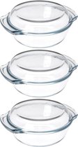 3x Ronde ovenschaal glas met deksel 22 x 25 x 7 cm - 2,4 L - Glazen ovenschalen