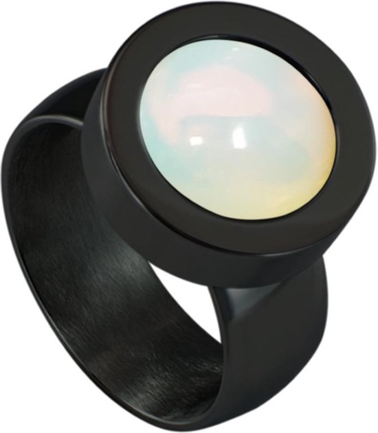 Quiges Dames Ring RVS Zwart met Opaal Mini Coin - SLSRS55920