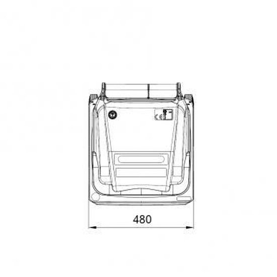 Technische tekening van de bovenzijde van een rode 120L afvalcontainer, 480mm breed.