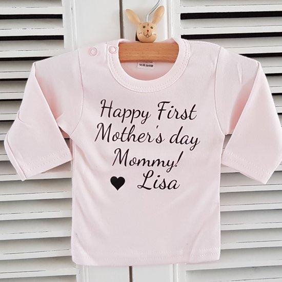 Baby shirtje meisje tekst mama eerste moederdag cadeau van papa | Happy first mother’s Day mommy | lange mouw T-Shirt | roze | | liefste leukste kleding babykleding