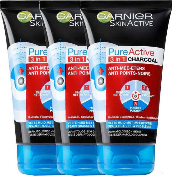 Garnier SkinActive PureActive 3in1 Gezichtsmasker met Charcoal - 3 x 150 ml - Garnier