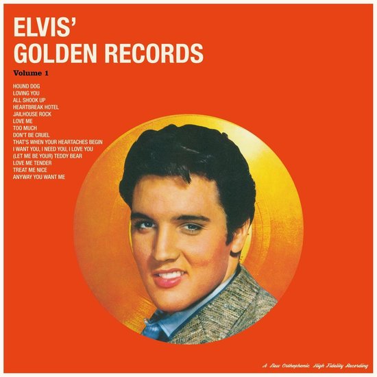 Portret van Elvis Presley met een oranje achtergrond en tekst.