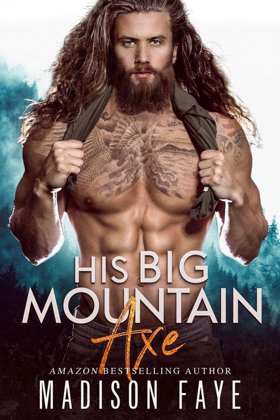 Gespierde man met baard en lang haar, getatoeëerde borst, houdt een shirt vast. Boekomslag: His Big Mountain Axe door Madison Faye.