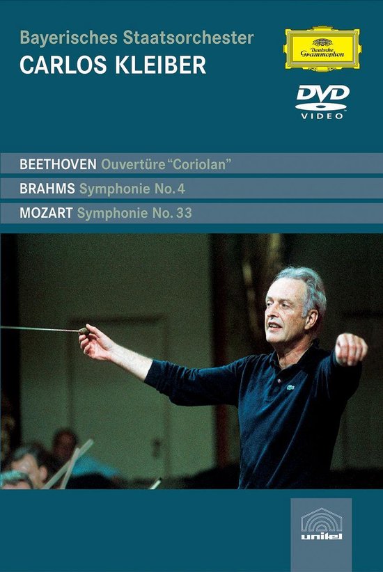 Carlos Kleiber dirigeert met een stok in zijn hand. Een orkest is zichtbaar op de achtergrond. Titel: Bayerisches Staatsorchester, Carlos Kleiber.