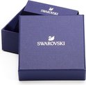 Een open paarse Swarovski doos met de logo's op de deksel en de doos.