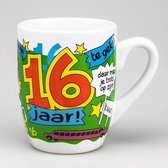 Verjaardag - Cartoon Mok - Hoera 16 jaar - In cadeauverpakking met gekleurd lint