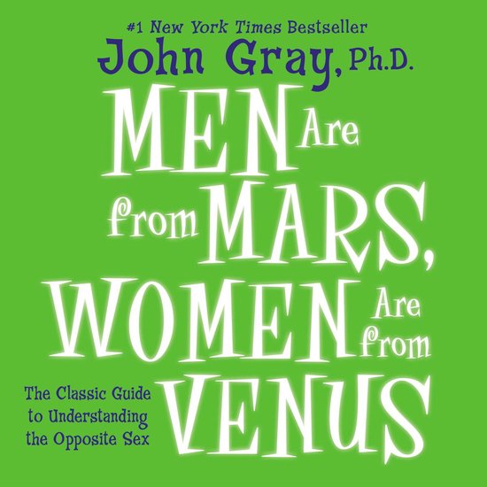 Boek "Mannen komen van Mars, Vrouwen van Venus". Tekst op groene achtergrond.