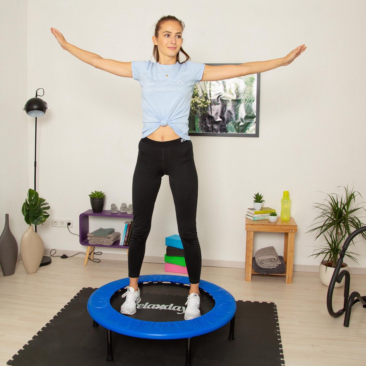 Relaxdays fitness trampoline indoor - kleine trampoline tot 100 kg - thuis - volwassenen - 91 cm